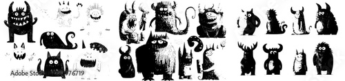 The collection includes cartoon funny monster characters, cute comic Halloween joyful personages, isolated modern devils, goblins, ugly aliens, and kawaii smiling creatures, such as mutants with