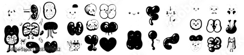 Modern funny body parts anatomy is represented by cartoon human body organ characters, including brain, kidney, and heart, along with tooth and bone, accompanied by kids' emoji smiles and cartoon