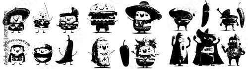 Mexican food superhero and defender characters embody the spirit of tex mex, with its isolated modern offerings of tacos, burrito, chili pepper, nachos, enchiladas, jalapeno, tamale, chimichanga, and