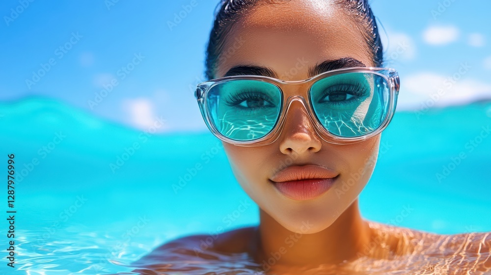 Naklejka premium Woman enjoying a sunny day in the clear blue water.