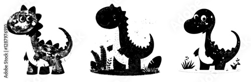 The cartoon tyrannosaur dinosaur, a cute t-rex dino, is portrayed as a funny smiling jurassic era personage with green skin and long talons, characterized as a standing friendly reptile creature and
