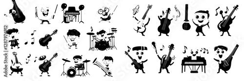Characters from cartoons that are musical instruments, along with modern maracas, violin, guitar, vuvuzela, harp, double bass, and grand piano, are featured, including castanets, tambourine,