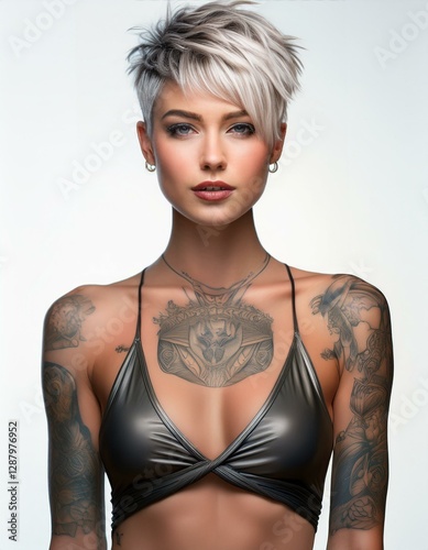 studio portrait of a blonde short haired tattoed model with nude shoulders wearing a low cut silver top on white background, fashion photography