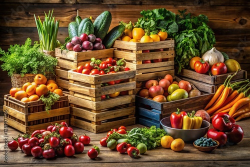 Abundant Harvest: Colorful Fruits and Vegetables in Wooden Crates on Rustic Wooden Floor