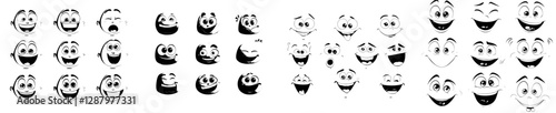 A cartoon face with blinking and laughing eyes is depicted in an animated sequence, showcasing a modern happy character's smiling facial expression in a sprite sheet, with a funny personage