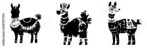 The toy is a knitted llama with an ethnic floral pattern, designed for kids, and depicts a modern cartoon llama or cute alpaca with a Peruvian comic animal design and traditional Peruvian neck