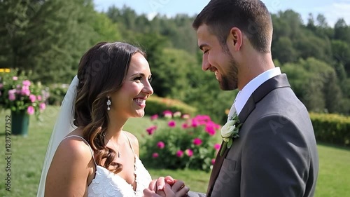 Wedding Couple Gazing into Each Other’s Eyes, Holding Hands with Emotion