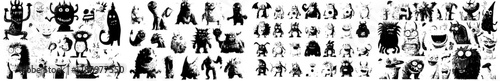 Modern scary little creatures and comic mutant mascots with smile, devil troll or silly goblin and furry monster gremlins, monsters, cartoon cute funny characters and alien animals with happy face