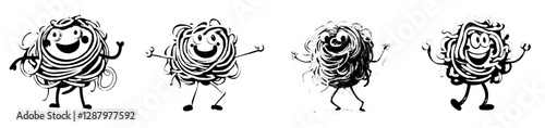 A cartoon character made of linguine pasta is depicted with a lively and playful expression, symbolizing a traditional Italian meal of spaghetti, isolated on a modern background with a fun face