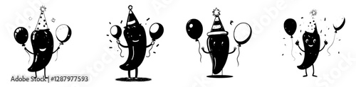 A cartoonish character of a chili pepper vegetable is depicted on a birthday or anniversary holiday, symbolizing a cheerful and modern personality surrounded by balloons