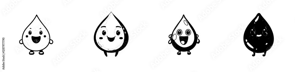 A cheerful water drop mascot is depicted as a cartoon character, symbolizing fresh and clean moisture with a blue aqua hue and big eyes A cheerful water drop mascot is depicted as a cartoon character, symbolizing fresh and clean moisture with a blue aqua hue and big eyes