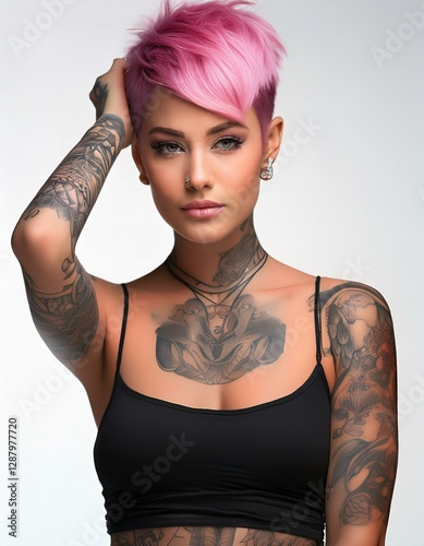 studio portrait of a pink short haired tattoed model with nude shoulders wearing a low cut black top on white background, fashion photography