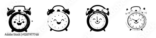 A cartoon alarm clock featuring a cheerful school character or education mascot with a modern and humorous smile, symbolizing back to school or kids' study time, is a cute cartoon alarm clock with a
