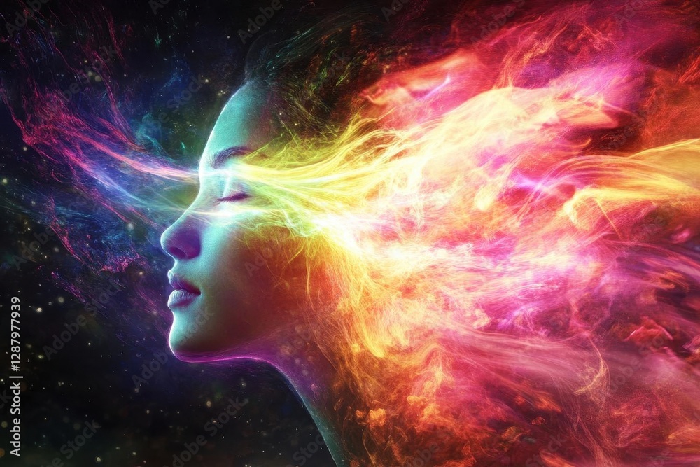 ethereal portrait of meditation luminous being emerging from darkness, iridescent light splitting consciousness, cosmic energy flows, spiritual awakening ethereal portrait of meditation luminous being emerging from darkness, iridescent light splitting consciousness, cosmic energy flows, spiritual awakening