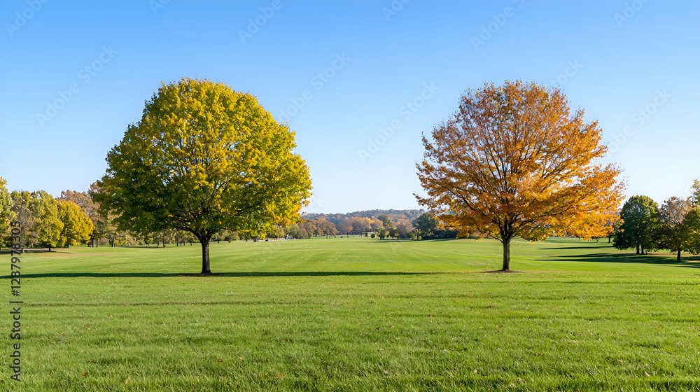 Two Trees with Autumn Foliage in a Sunny Park Two Trees with Autumn Foliage in a Sunny Park