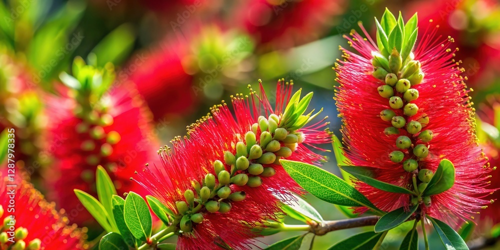 Bottlebrush Plant Blossoming: Vibrant Red Flowers & Green Leaves Bottlebrush Plant Blossoming: Vibrant Red Flowers & Green Leaves