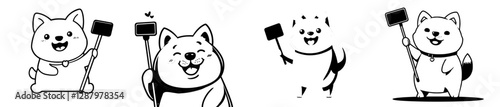 A cartoon kawaii cute pet shiba inu dog and puppy character takes a selfie, showcasing a modern pup waving its paw and wagging its tail in a playful moment filled with furry charm and delightful