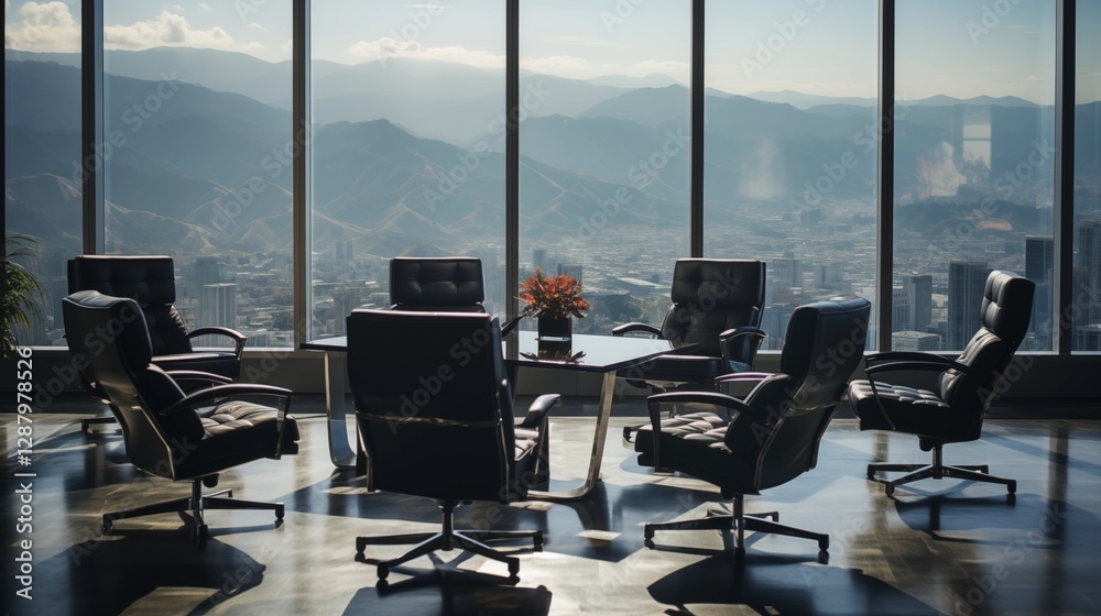 Close-up of black chairs in a modern boardroom with large windows overlooking the city above the clouds. Generative ai