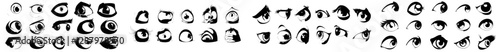 A modern set of isolated cartoon comic eyes is available, showcasing a range of emotions including kindness, anger, surprise, sadness, suspicion, evil, love, excitement, and boredom for use in