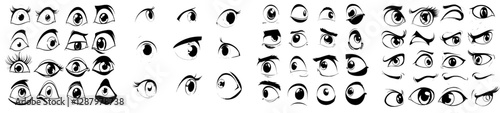 A set of cartoon comic eyes for face emoji or emoticon characters features modern cute funny smiles, including comic eyes with eyelashes and various expressions