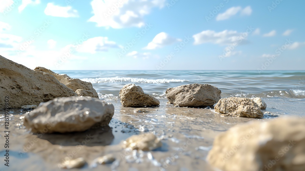 Calm seashore with rocks under a clear blue sky and gentle waves, evoking a peaceful and serene atmosphere. Calm seashore with rocks under a clear blue sky and gentle waves, evoking a peaceful and serene atmosphere.
