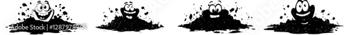 A cheerful cartoon personality is depicted as a pile of smelly feces, laughing and joyful, accompanied by a modern isolated emoticon representing toilet waste or a humorous poop emoji, surrounded by