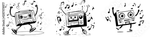 The illustration features a retro tape recorder cartoon character with a hippie vibe, showcasing a cheerful and vintage boombox personage, which can be described as a funny music player, now