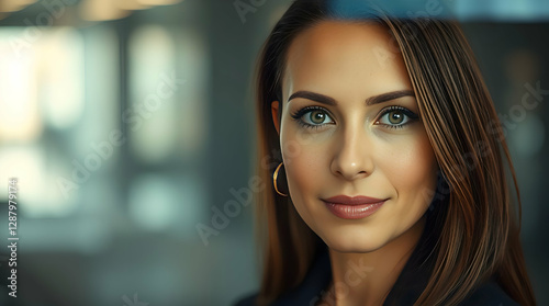 Wallpaper Mural Confident Professional Woman in Dark Blazer with Green Eyes, Soft Office Background and Polished Portrait Lighting Torontodigital.ca