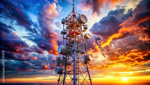 Communication Tower: Antenna Repeater on Pylon against Cloudy Sky