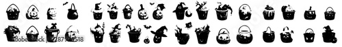 Halloween features isolated sweets buckets with monster faces for the holiday in a cartoon modern style, along with trick or treat party candies in a basket with pumpkin, zombie, and werewolf,