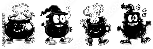 A cheerful, anthropomorphic cauldron wearing sneakers and gloves is depicted walking happily with a joyful face, as steam rises from its open top, symbolizing a fun and lively character for travel
