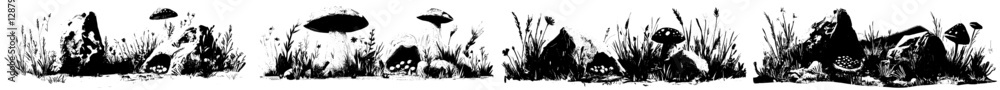 In a summer field filled with flowers, mushrooms, and grass, cartoon ants work together to transport eggs to their anthill In a summer field filled with flowers, mushrooms, and grass, cartoon ants work together to transport eggs to their anthill