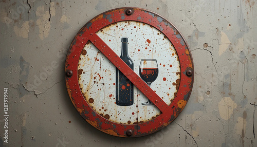 old weathered no alcohol sign mounted concept damaged or aged concrete wall antigua señal de prohibido el alcohol montada concepto muro de hormigón dañado o envejecido