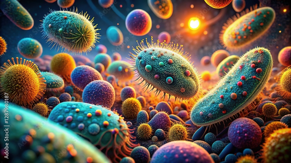 Naklejka premium Microscopic 3D Render of Bacteria Colony, Detailed Science Illustration