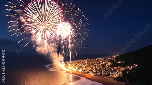 Spectacular Fireworks Display over Coastal City at Night