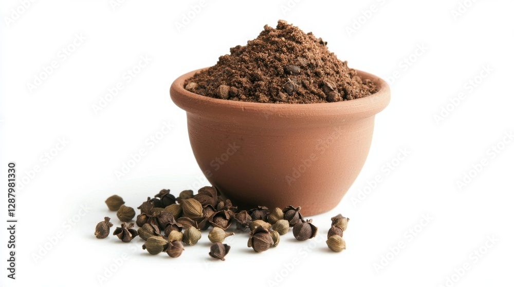 elaichi with soil pot selective focus of Cardamom or selective focus of Cardamom or Elaichi Indian aromatic spice, Elaichi Indian aromatic spice used in sweet and Savoury dishes. Ona white background. elaichi with soil pot selective focus of Cardamom or selective focus of Cardamom or Elaichi Indian aromatic spice, Elaichi Indian aromatic spice used in sweet and Savoury dishes. Ona white background.
