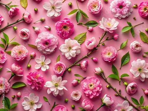 Pink Blossom Floral Pattern Background - Top View Stock Photo