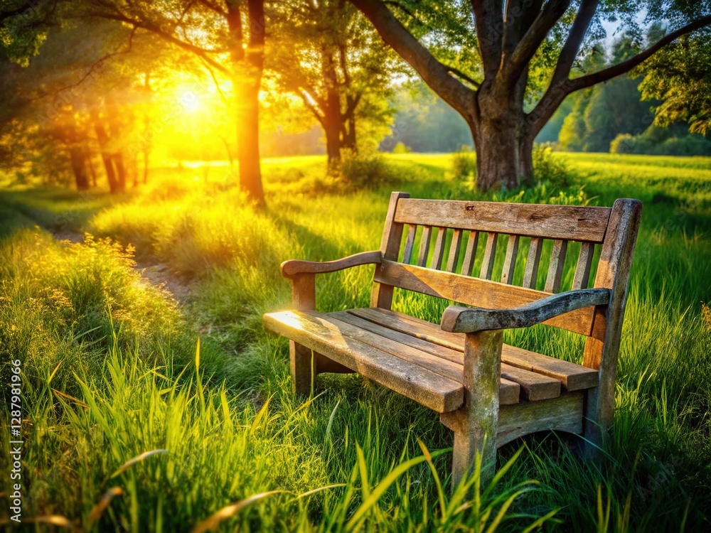 Rustic Wooden Bench on Lush Green Grass - Perfect for Relaxation and Reflection Rustic Wooden Bench on Lush Green Grass - Perfect for Relaxation and Reflection