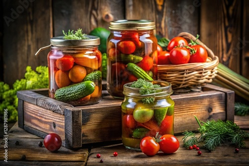 Rustic Wooden Box of Homemade Pickled Tomatoes and Cucumbers in Glass Jars