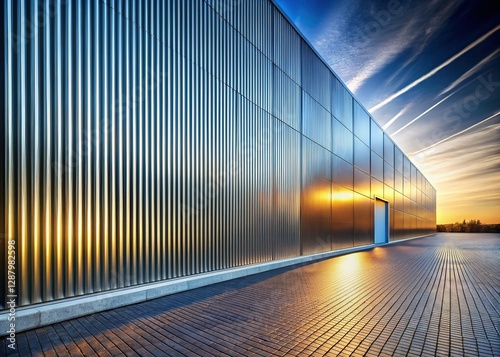 Silver Corrugated Metal Warehouse Exterior Wall & Paved Road Stock Photo