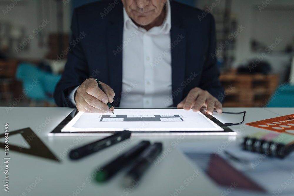 Close-up of senior businessman drawing on shining tablet Close-up of senior businessman drawing on shining tablet