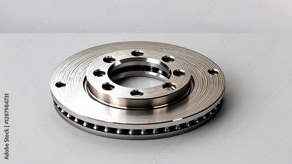 Close-up of a metallic brake disc showcasing precision engineering on a neutral background Close-up of a metallic brake disc showcasing precision engineering on a neutral background