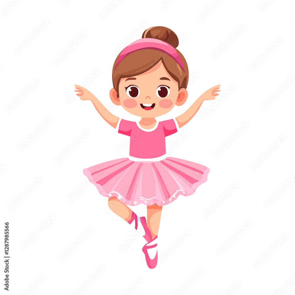 Fototapeta premium Cute little ballerina girl dancing in pink dress vector illustration in cartoon style