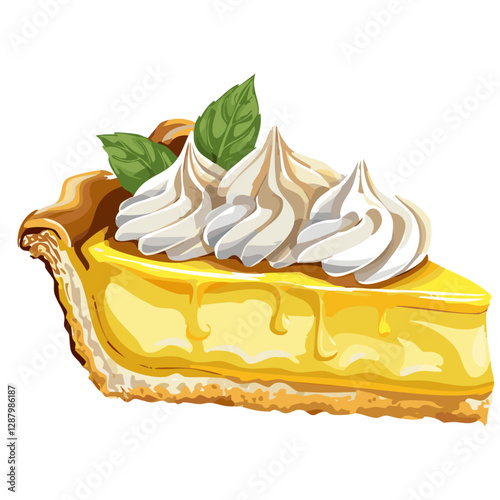 Lemon tart vector illustration. Traditional French pie on isolated background. Classic cake with meringue for menu and recipes.