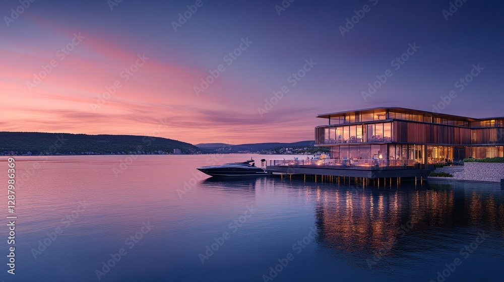 Modern Waterfront Home at Sunset with Scenic Reflection on Water Modern Waterfront Home at Sunset with Scenic Reflection on Water
