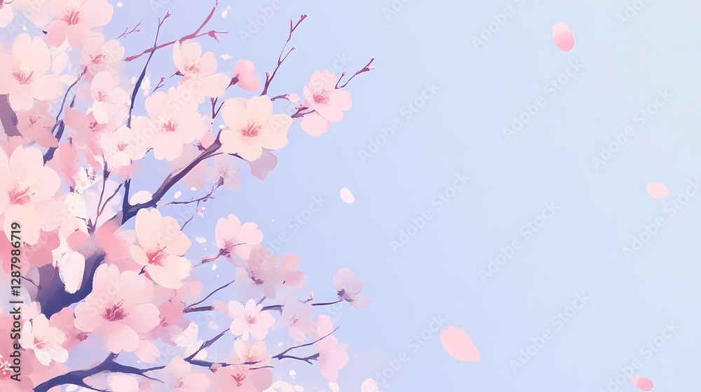Delicate pink cherry blossoms gently falling against a soft blue sky. A serene and beautiful springtime scene.
