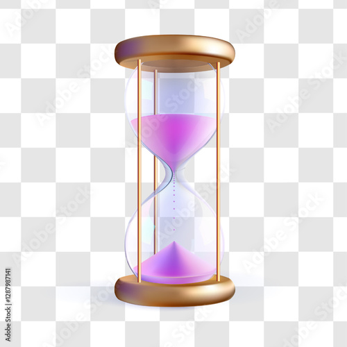Hourglass pink sand clock. Time budget countdown glass watch. Golden 3d hour flow vector concept. Realistic crystal transparent modern bulb of sandglass. Game period flow, deadline stopwatch render