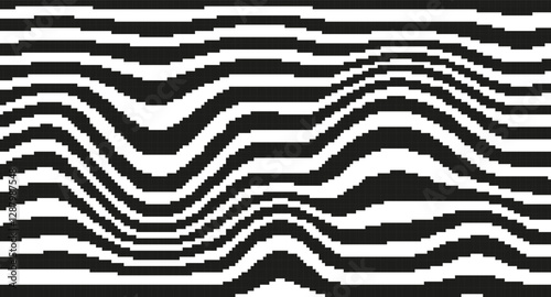 Pixel Art Distorted Stripe Background in Retro 8-bit style. Wave Uneven Stripes, Warped Streaks, Wavy Lines. Twisted Trendy pixelated vector texture. Inspired by video game aesthetics. Mood of 90's