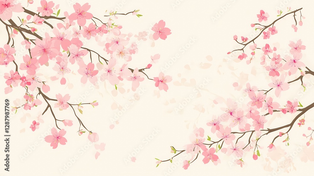 Delicate pink cherry blossoms in full bloom, gently falling petals create a serene and romantic atmosphere. Delicate pink cherry blossoms in full bloom, gently falling petals create a serene and romantic atmosphere.