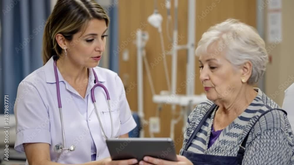 Female physiotherapist giving an appointment with a digital tablet to an senior woman at the physio clinic Female physiotherapist giving an appointment with a digital tablet to an senior woman at the physio clinic